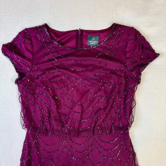 Adrianna Papell Beaded Sheer Overlay Evening Gown Cassis Wine Burgundy Women’s 6 - Picture 10 of 16